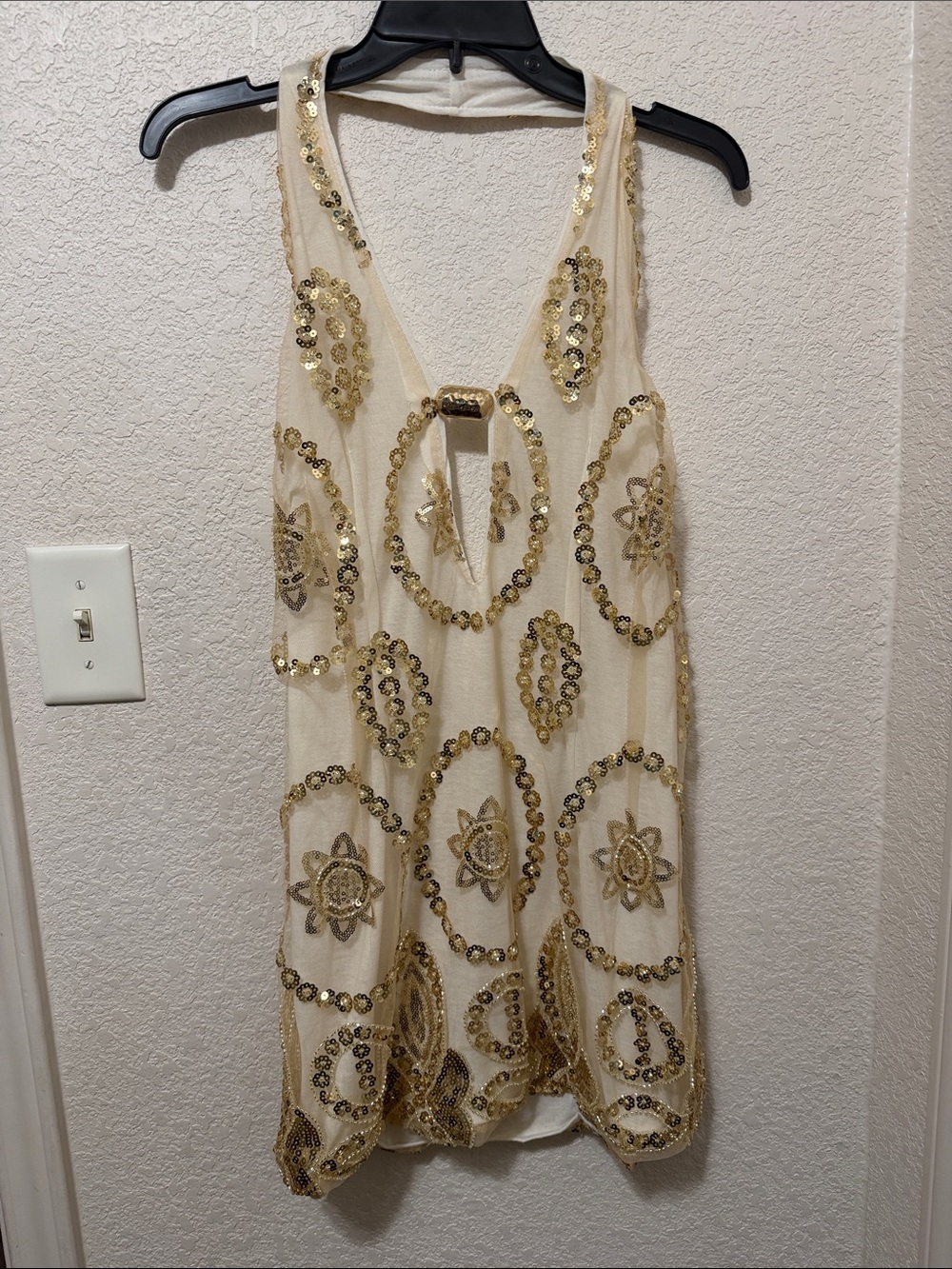 SHEIN Cream Mesh Tank Top with Gold Sequin Embellishment
